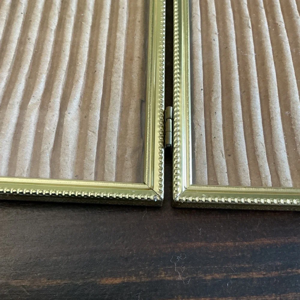 Vintage Gold Beaded Double Hinged Picture Frame 5x7 Folding‎ Metal Bi-Fold
